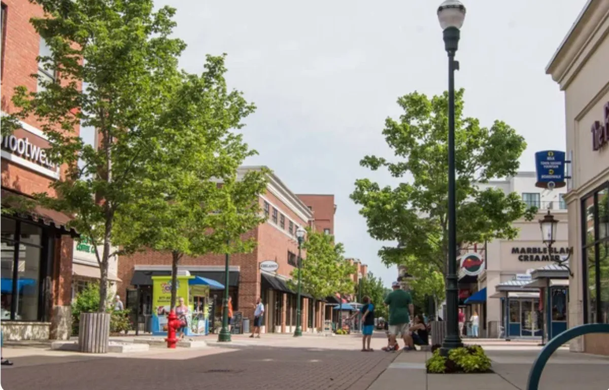 A bustling downtown scene with storefronts, mature trees, pedestrian activity, and classic street lamps. The photo shows people out shopping, dining, and enjoying the urban environment, with a clear sense of local life and energy.